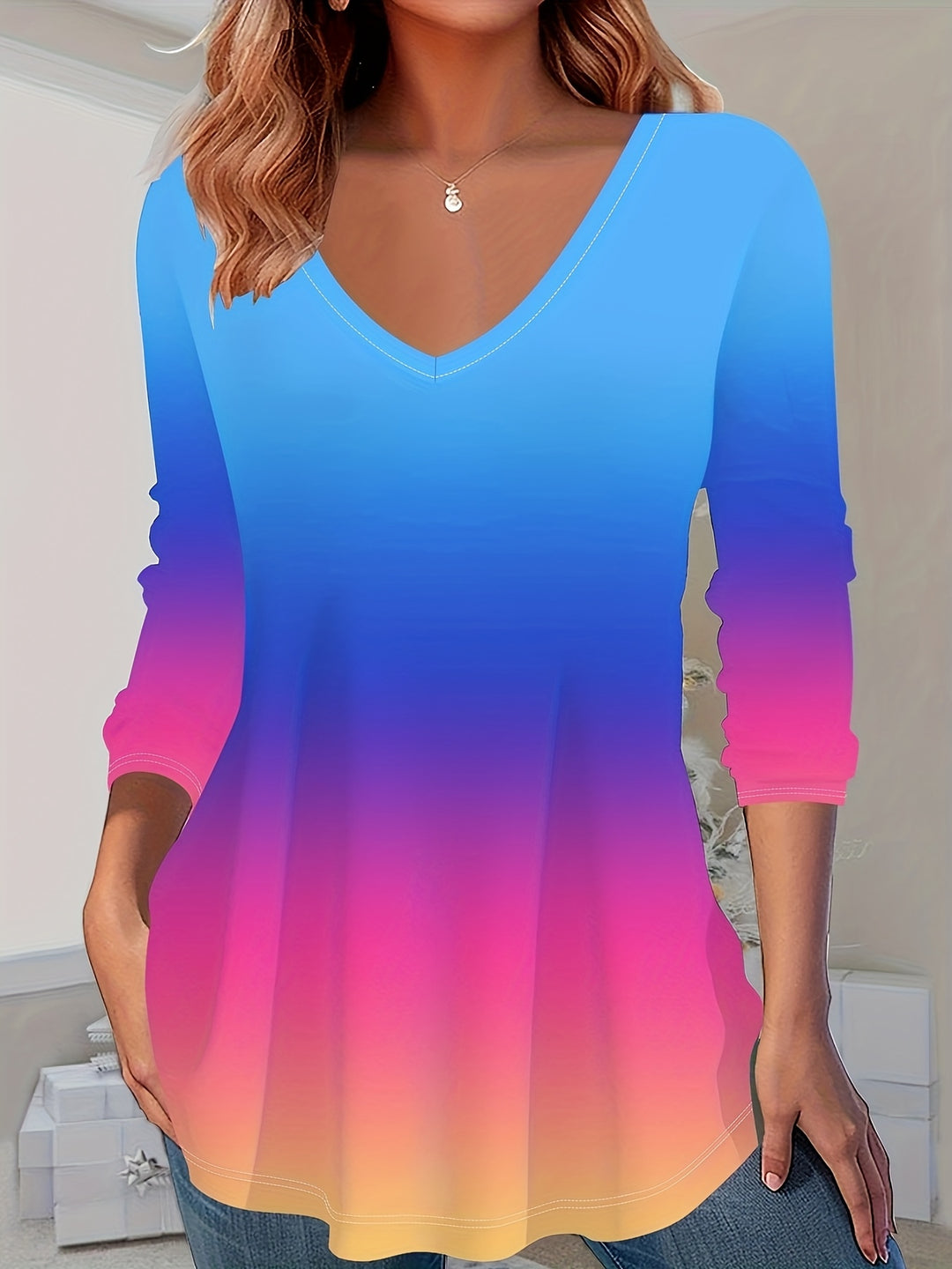 Samli  - V-Neck Gradient Color Pattern Long Sleeve T-Shirt