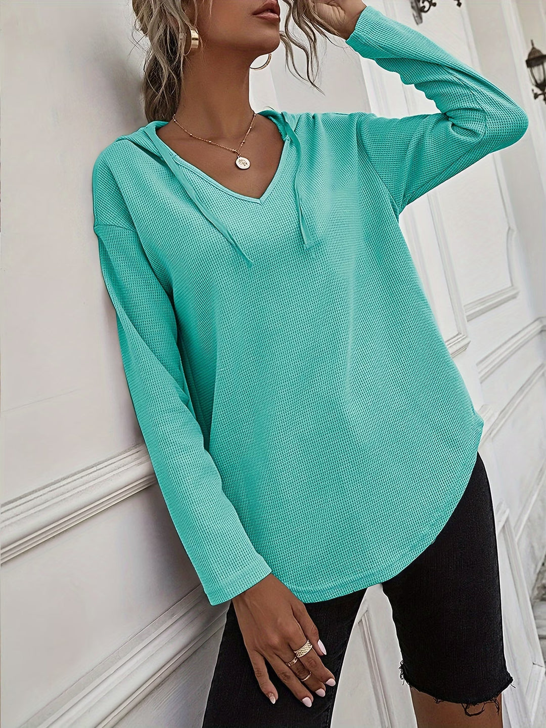 Seonie - Long Sleeve V Neck Hoodie