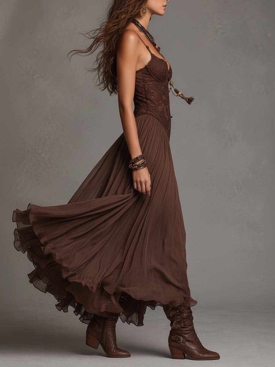 Serisha - Lace Bodice Flowing Maxi Dress