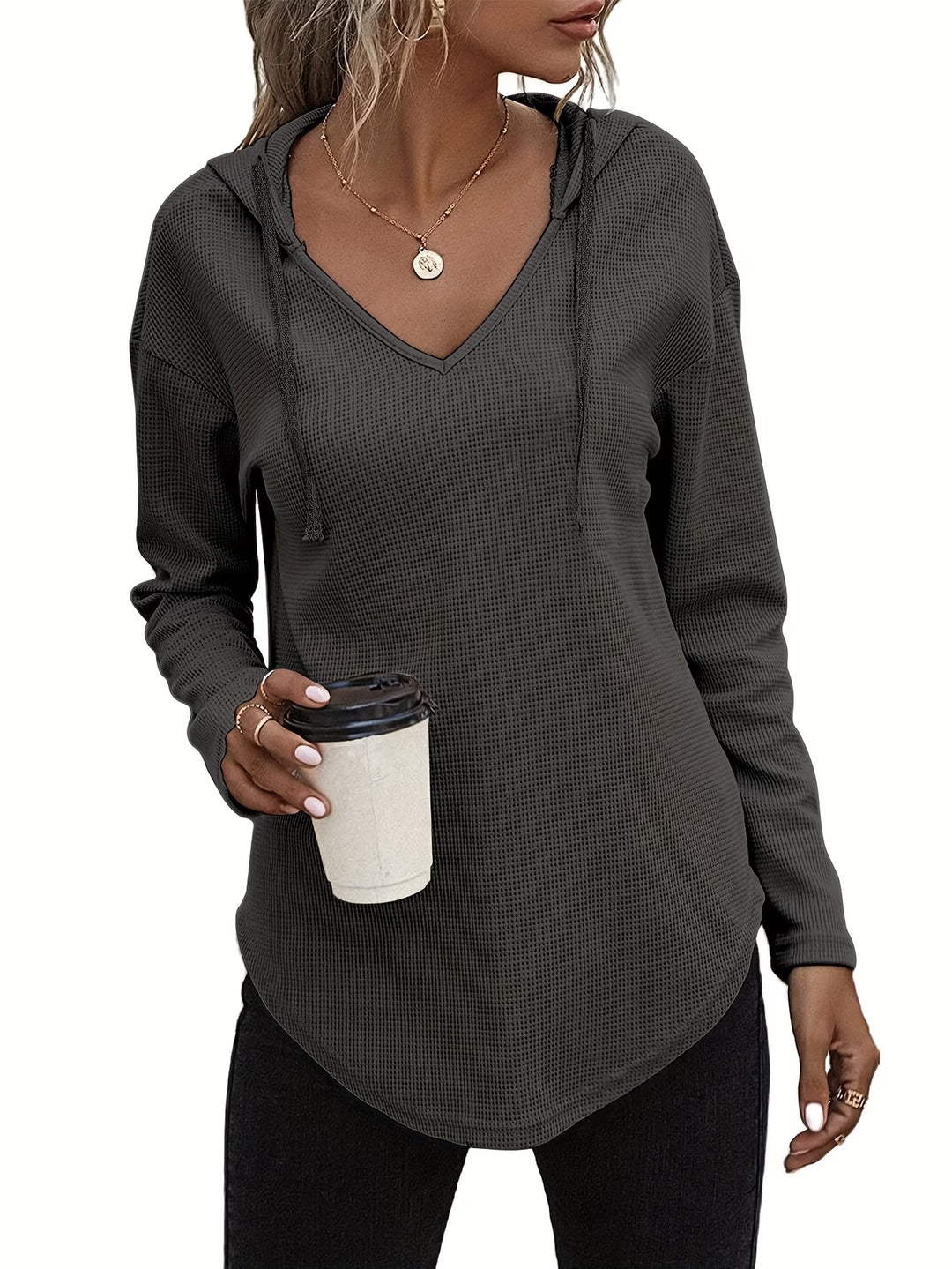 Seonie - Long Sleeve V Neck Hoodie