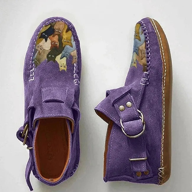 Viktoriy - Cat Print Flat Ankle Boots with Buckle