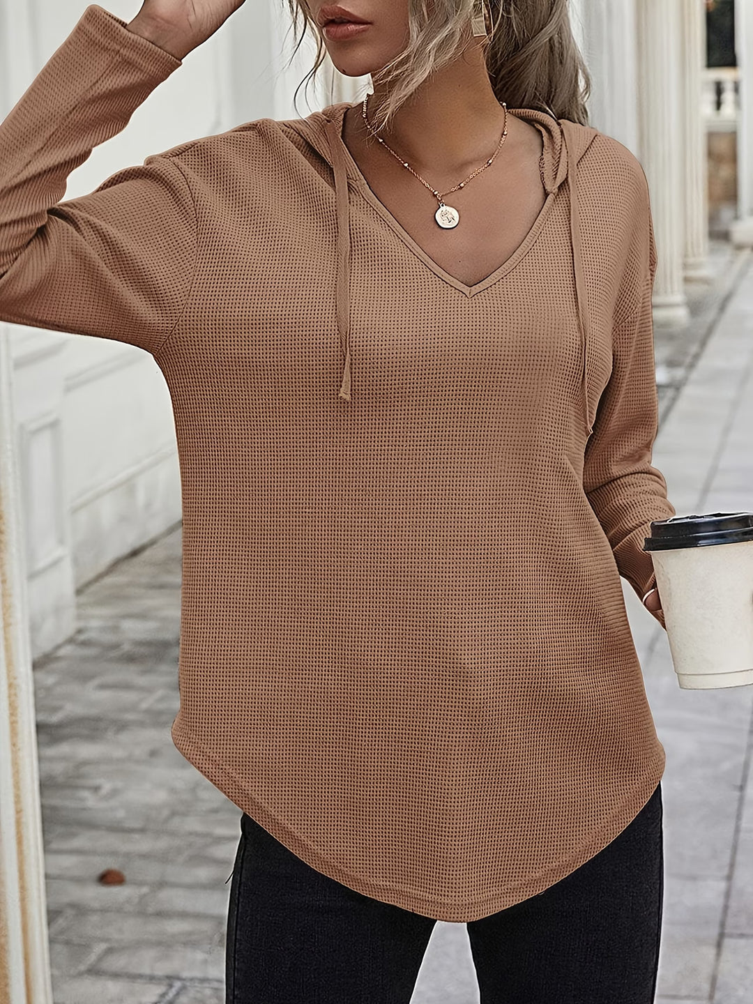 Seonie - Long Sleeve V Neck Hoodie