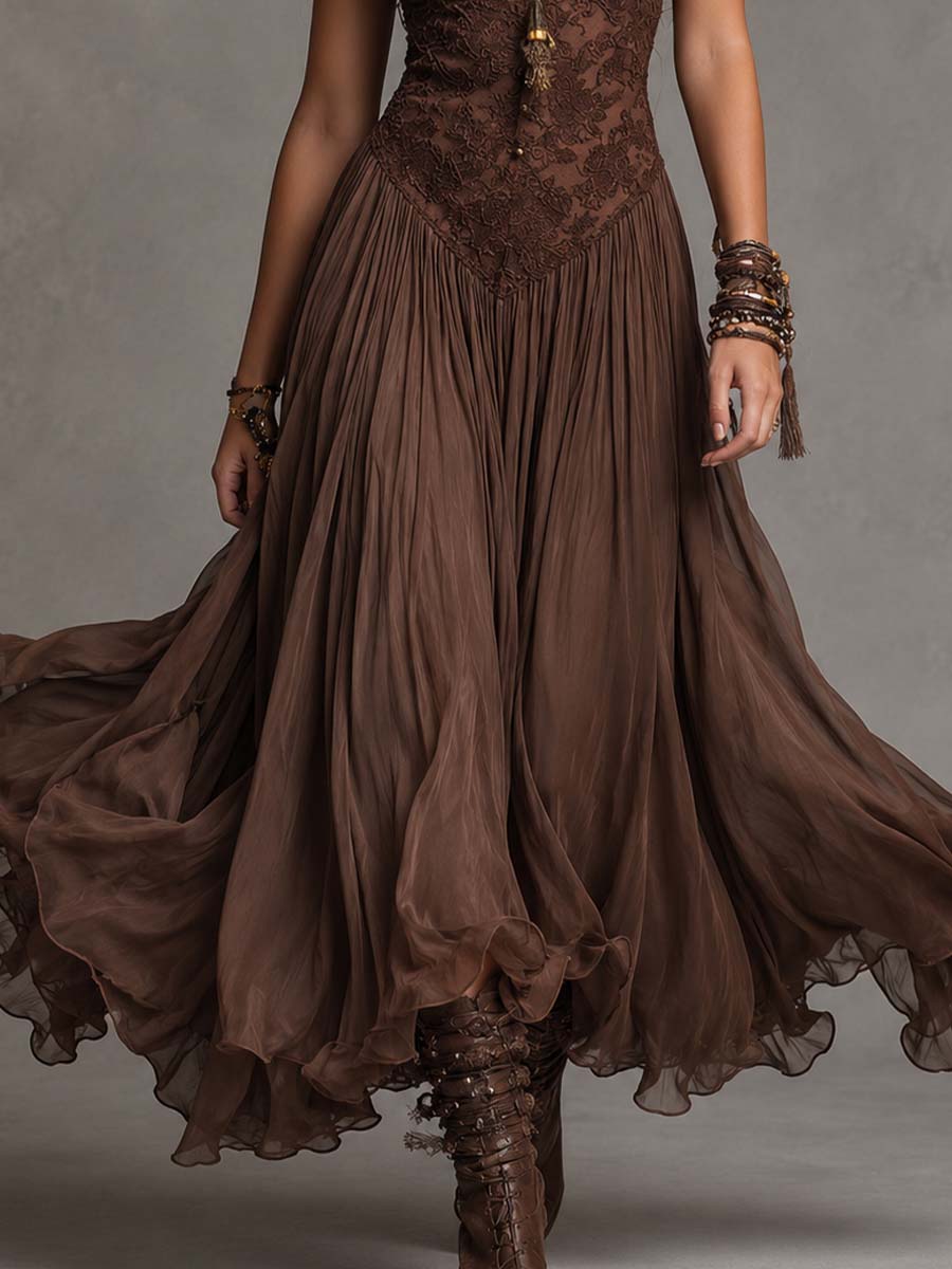 Serisha - Lace Bodice Flowing Maxi Dress