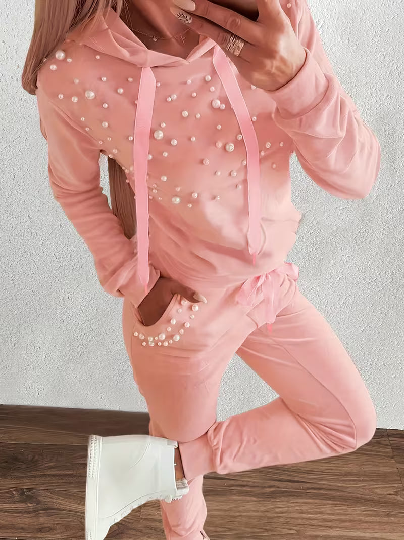 Feneila - Pearl-Embellished Hooded Two-Piece Set
