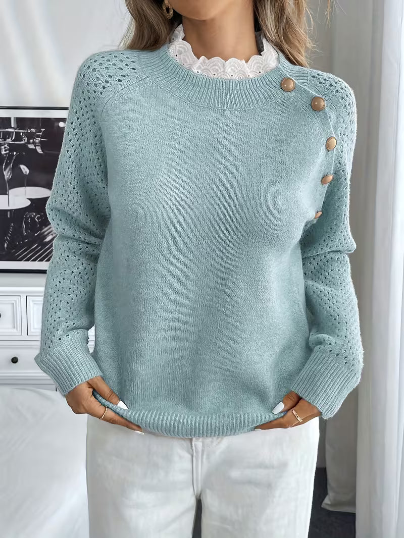 Oliwiaa - Lace Round Neck Long Slevee Sweater