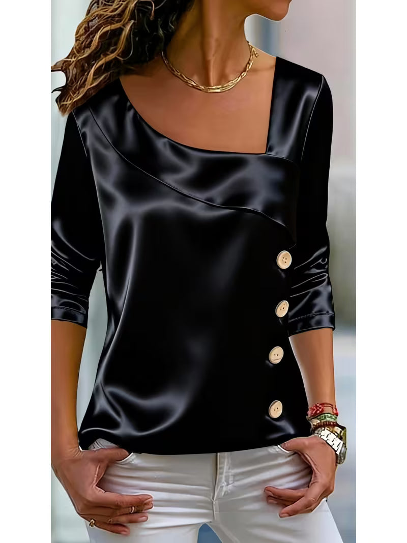 Belina - Satin Square Neck Button Top
