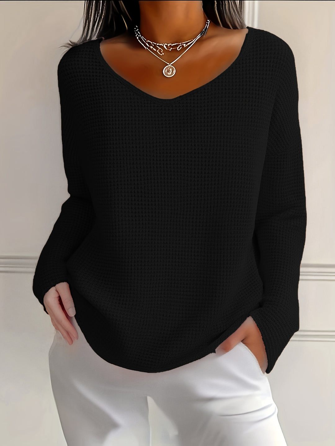 Bernice - Waffle Long Sleeve V-Neck Shirt