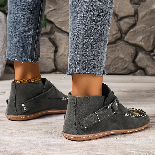 Viktoriy - Cat Print Flat Ankle Boots with Buckle