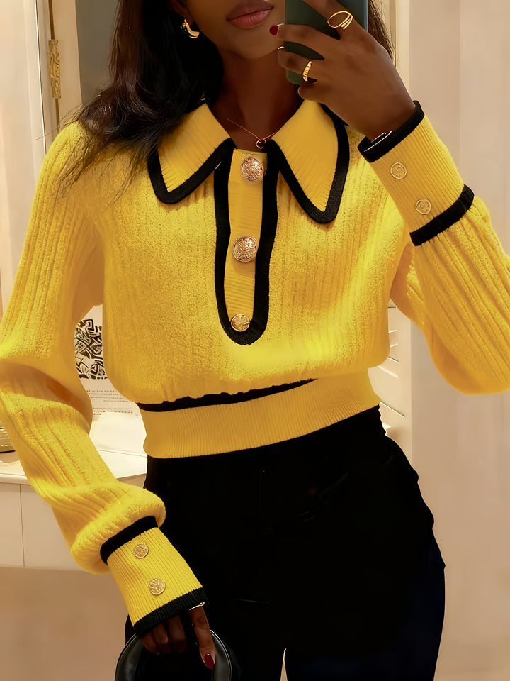 Dilnaz - Long Sleeve Contrast Trim Button Sweater