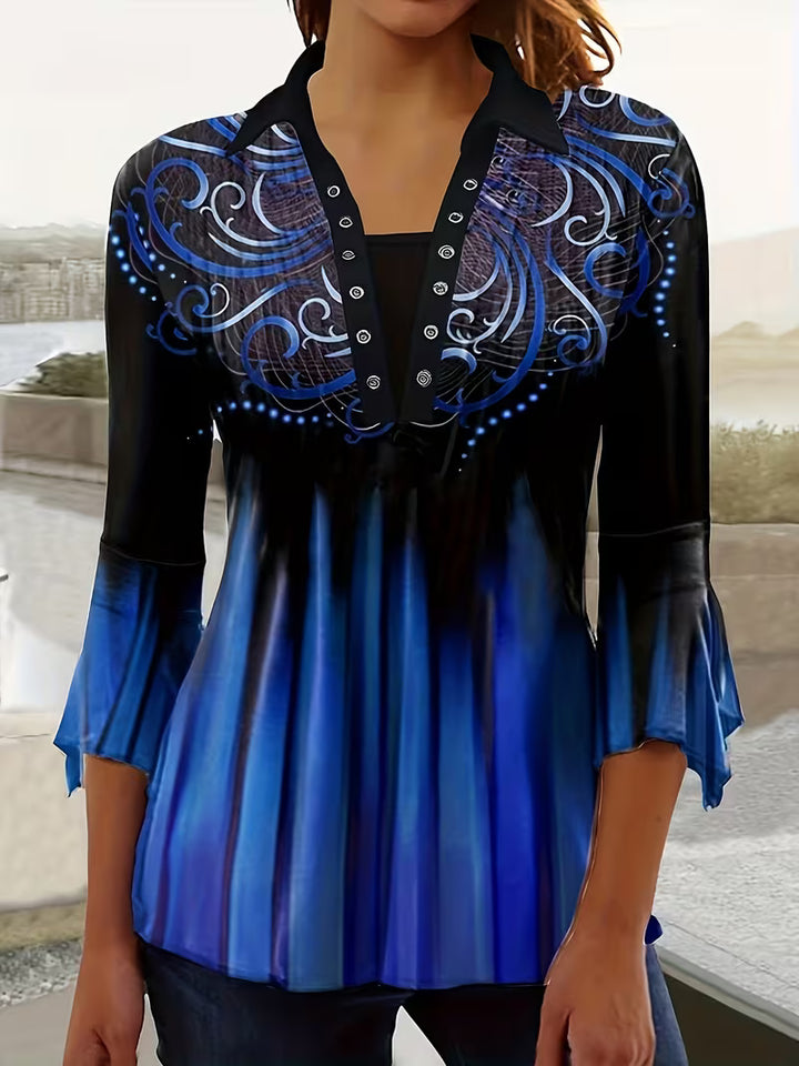 Finza - Printed Lapel Top With Irregular Sleeve