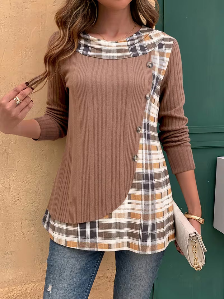 Lucynda - Ribbed Long Sleeve Printed Button Detail Top