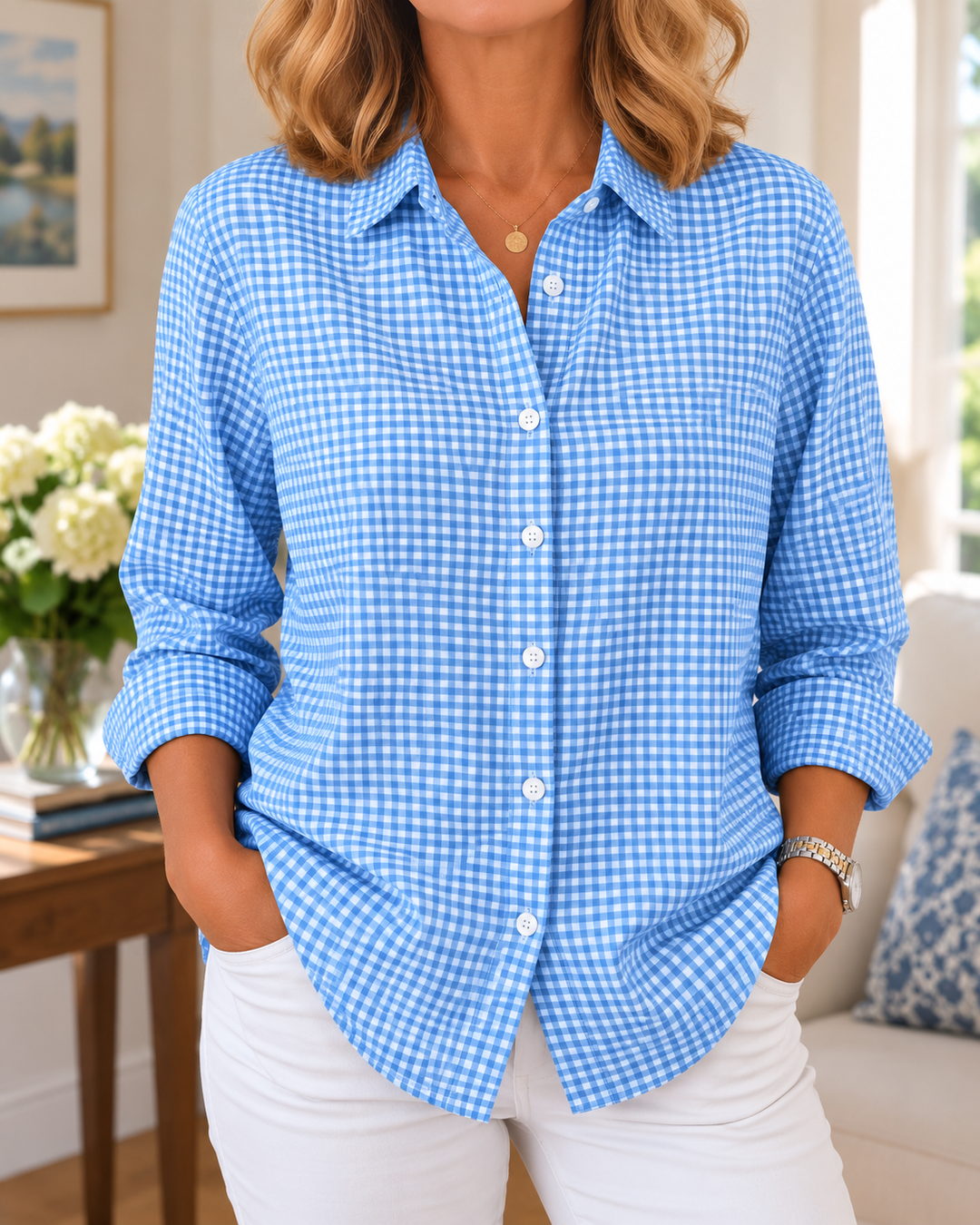 Colien - Long Sleeve Gingham Button Up Shirt
