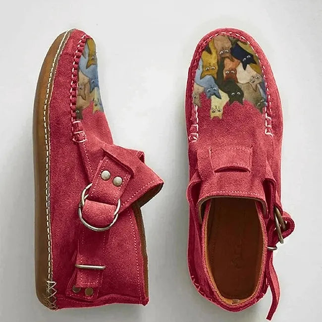 Viktoriy - Cat Print Flat Ankle Boots with Buckle