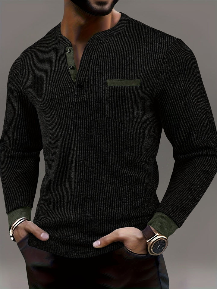 Deegan - Textured Striped Collar Long Sleeve Henley Shirt