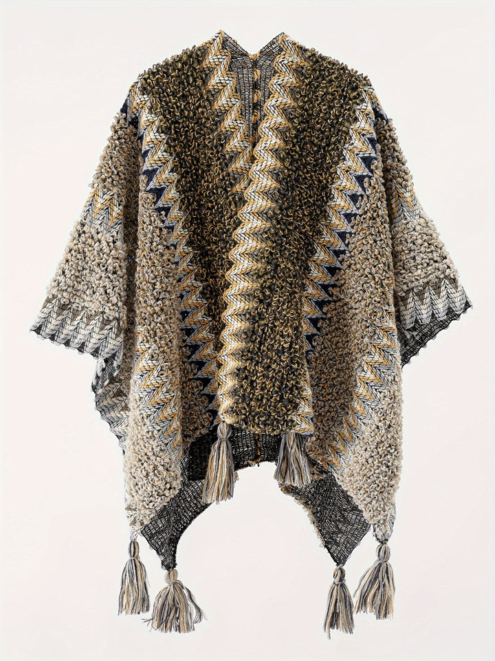 Briana - Tassel Striped Blanket Cape Travel Jacket