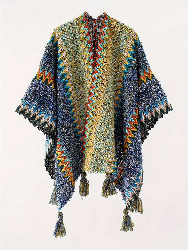 Briana - Tassel Striped Blanket Cape Travel Jacket