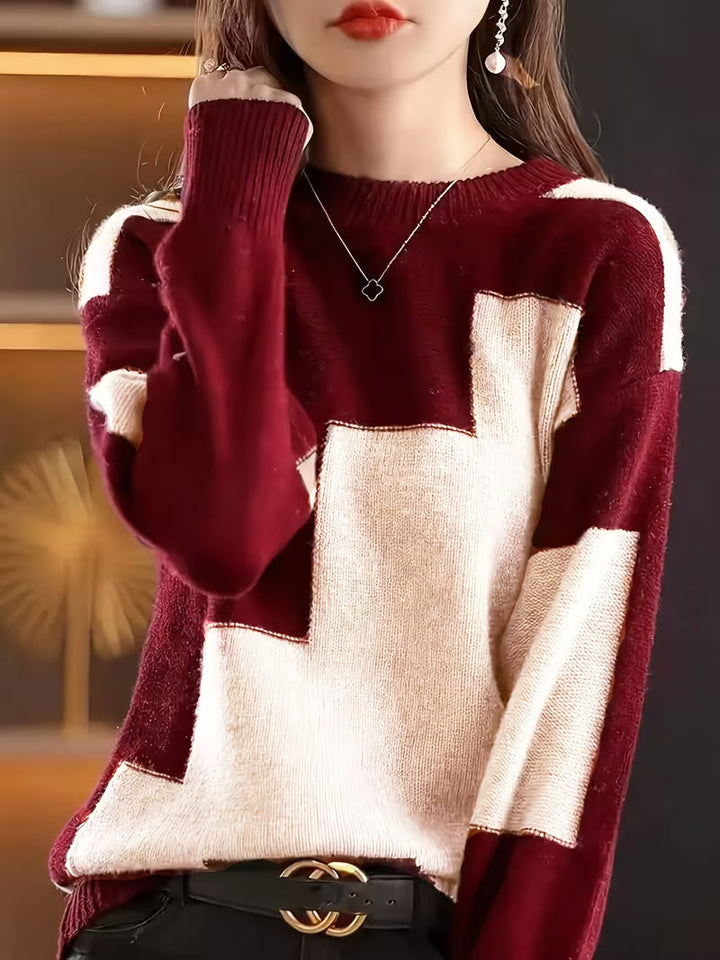 Marvelle - Color Block Crew Neck Long Sleeve Sweater