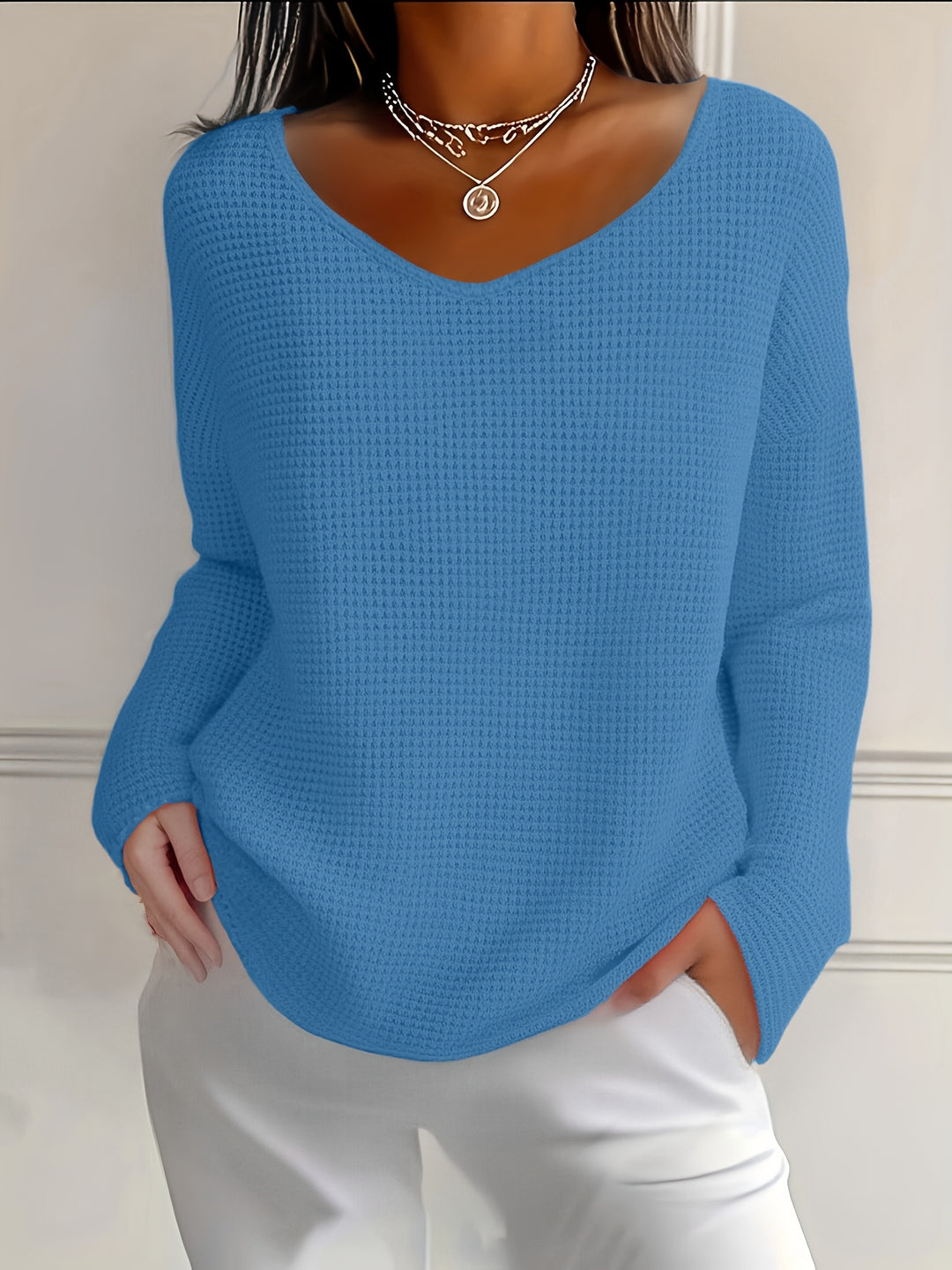 Bernice - Waffle Long Sleeve V-Neck Shirt