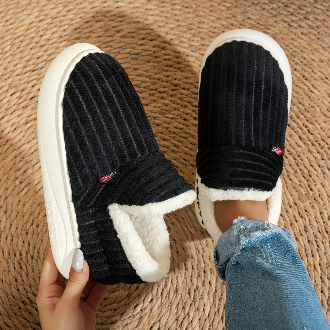 Keziban - Ribbed Slip-On Slippers With Plush Lining
