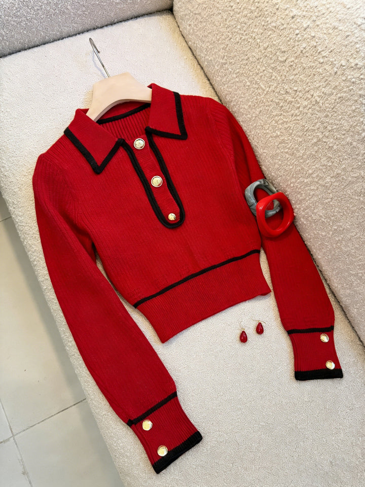 Dilnaz - Long Sleeve Contrast Trim Button Sweater