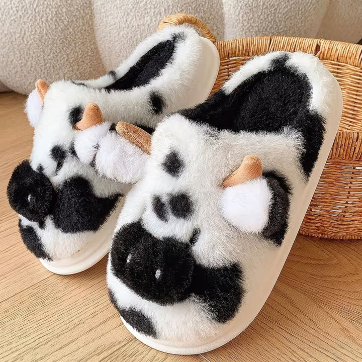 Faliza - Spotted Cow Print Plush Indoor Slippers