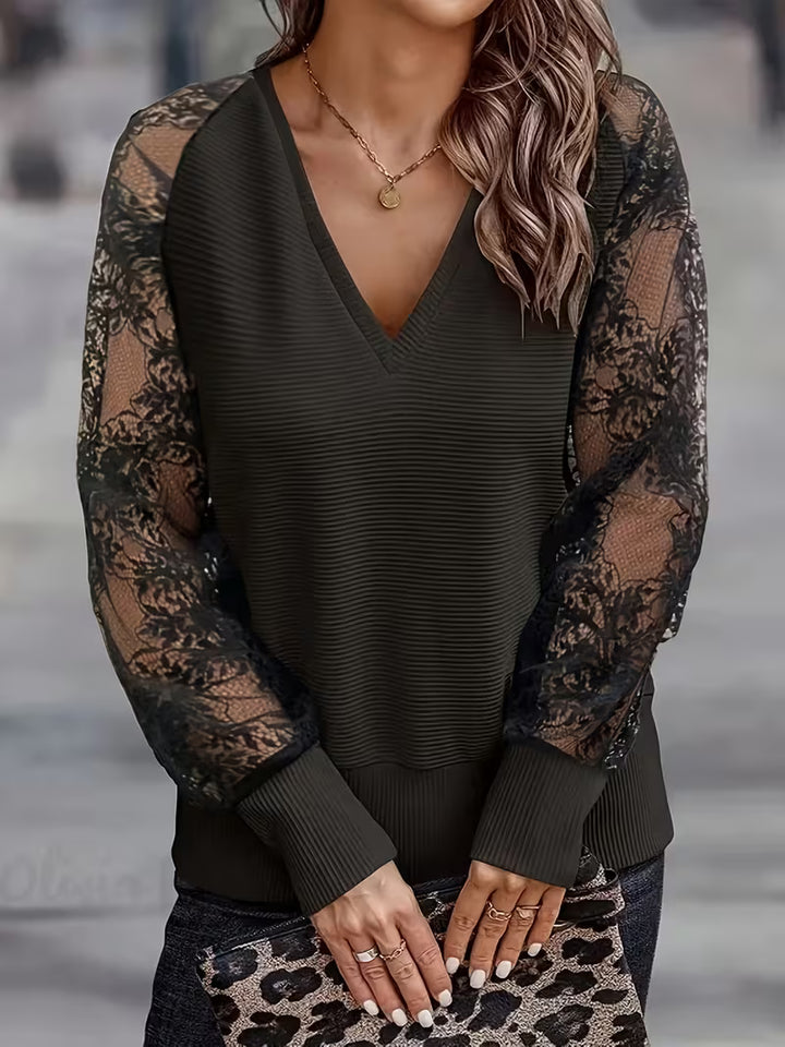 Brunelle - Casual Loose Lace Top With V-Neck
