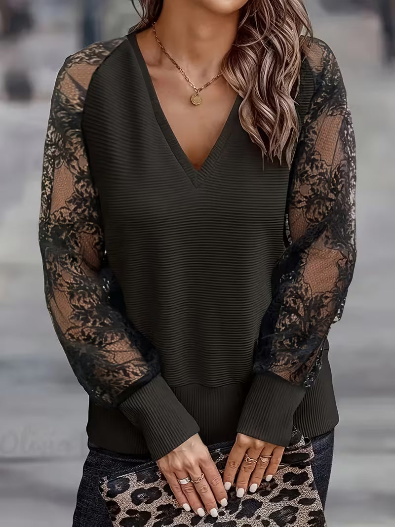 Shina - V-Neck Lace Sleeve Ribbed Top