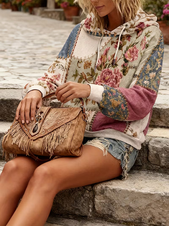 Norella - Floral Patchwork Long Sleeve Hooded Top