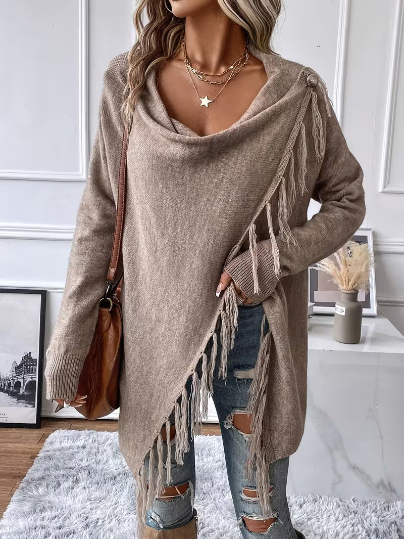 Busra - Draped Neck Cardigan With Fringed Trim