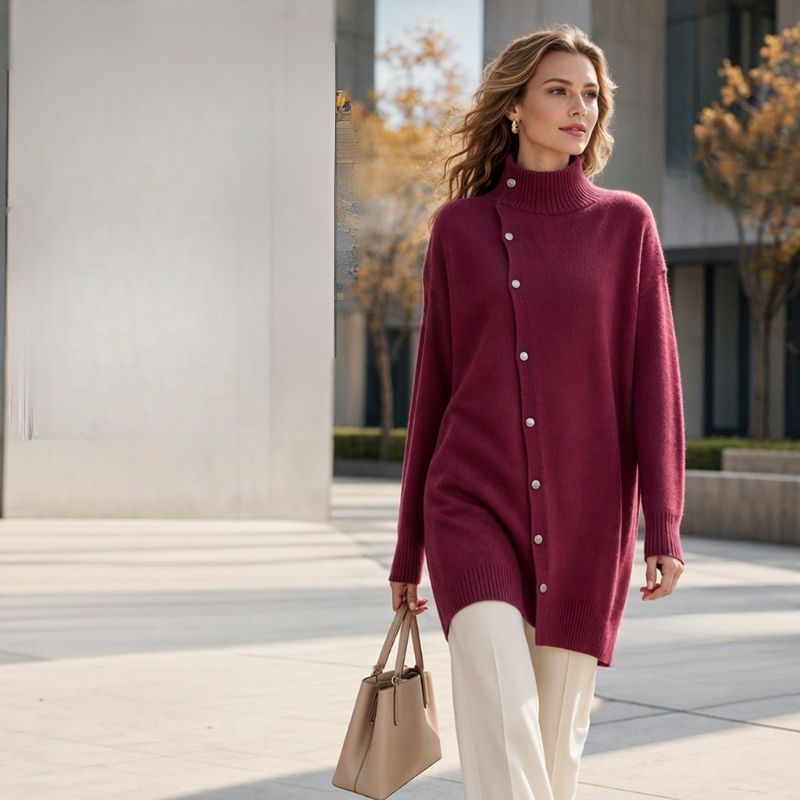 Hiroko - Longline Knit Sweater With Turtleneck and Buttons