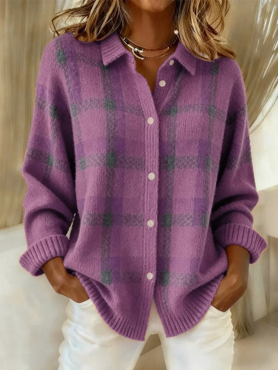 Ratri - Plaid Button-Up Knit Cardigan