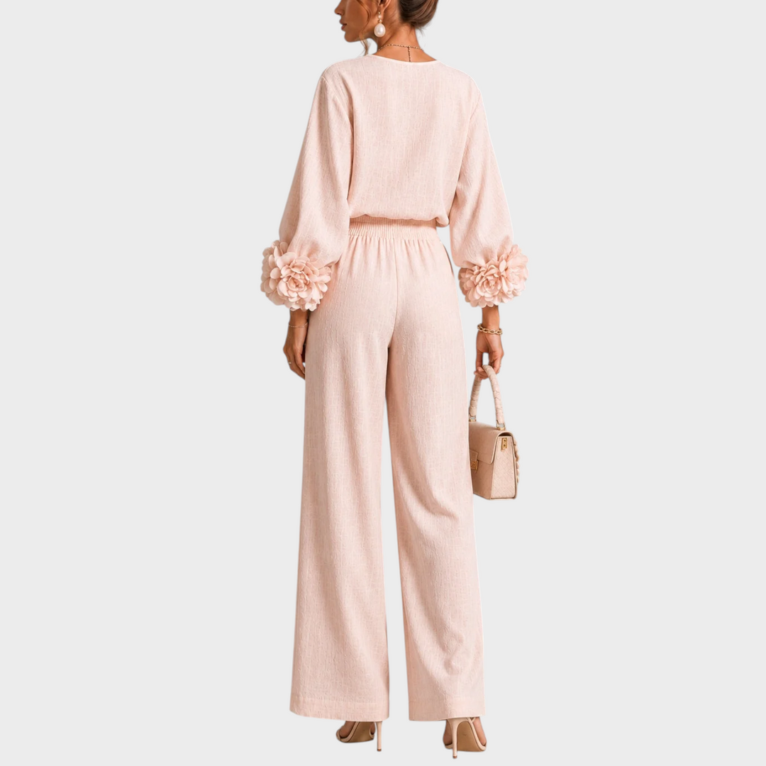 Mersada - Floral Cuff Long Sleeve Wide-Leg Pants Set