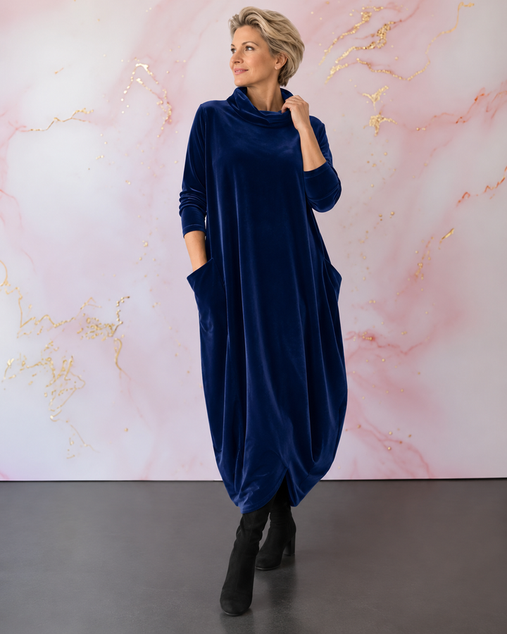 Lellina - Velvet High Neck Loose Fit Maxi Dress