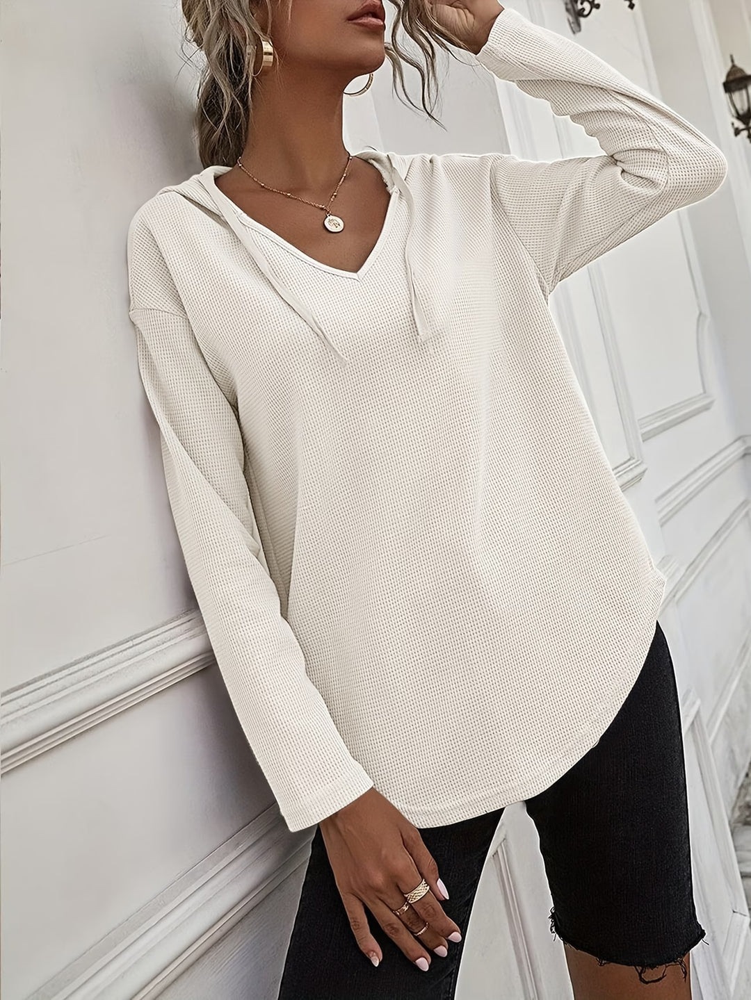 Seonie - Long Sleeve V Neck Hoodie