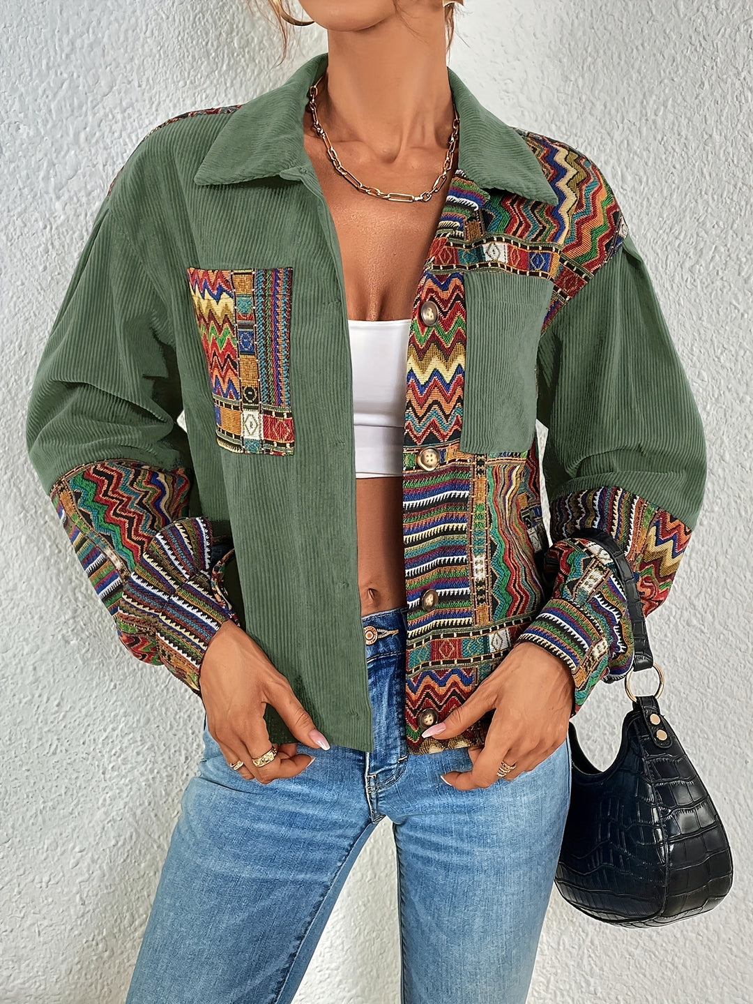 Amelina - Boho Patchwork Corduroy Button-Up Jacket