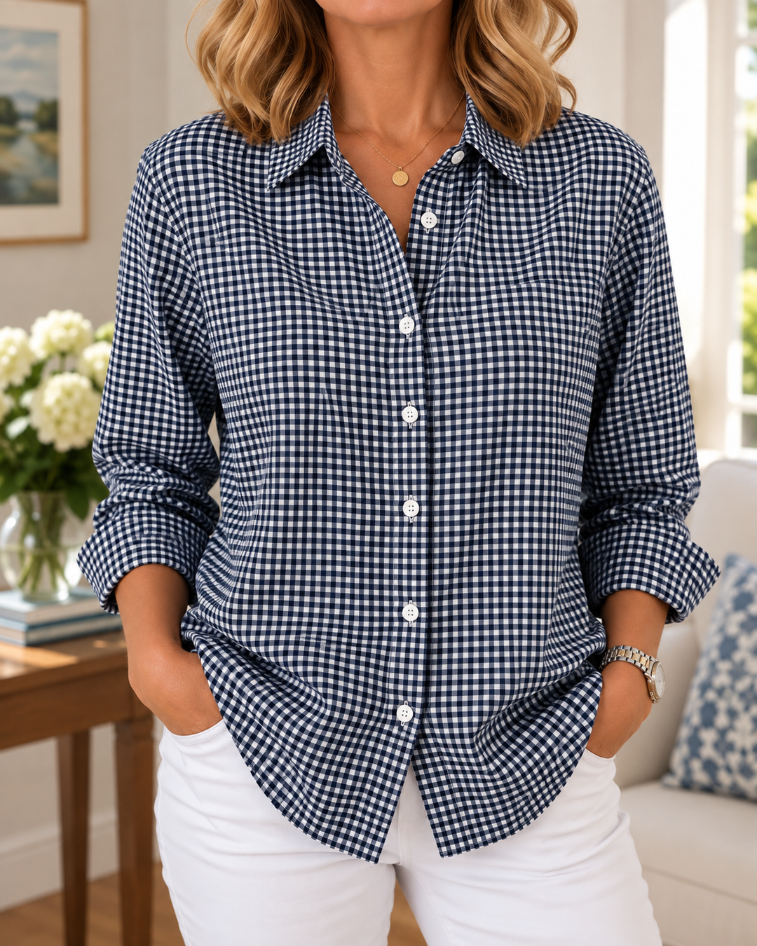 Colien - Long Sleeve Gingham Button Up Shirt