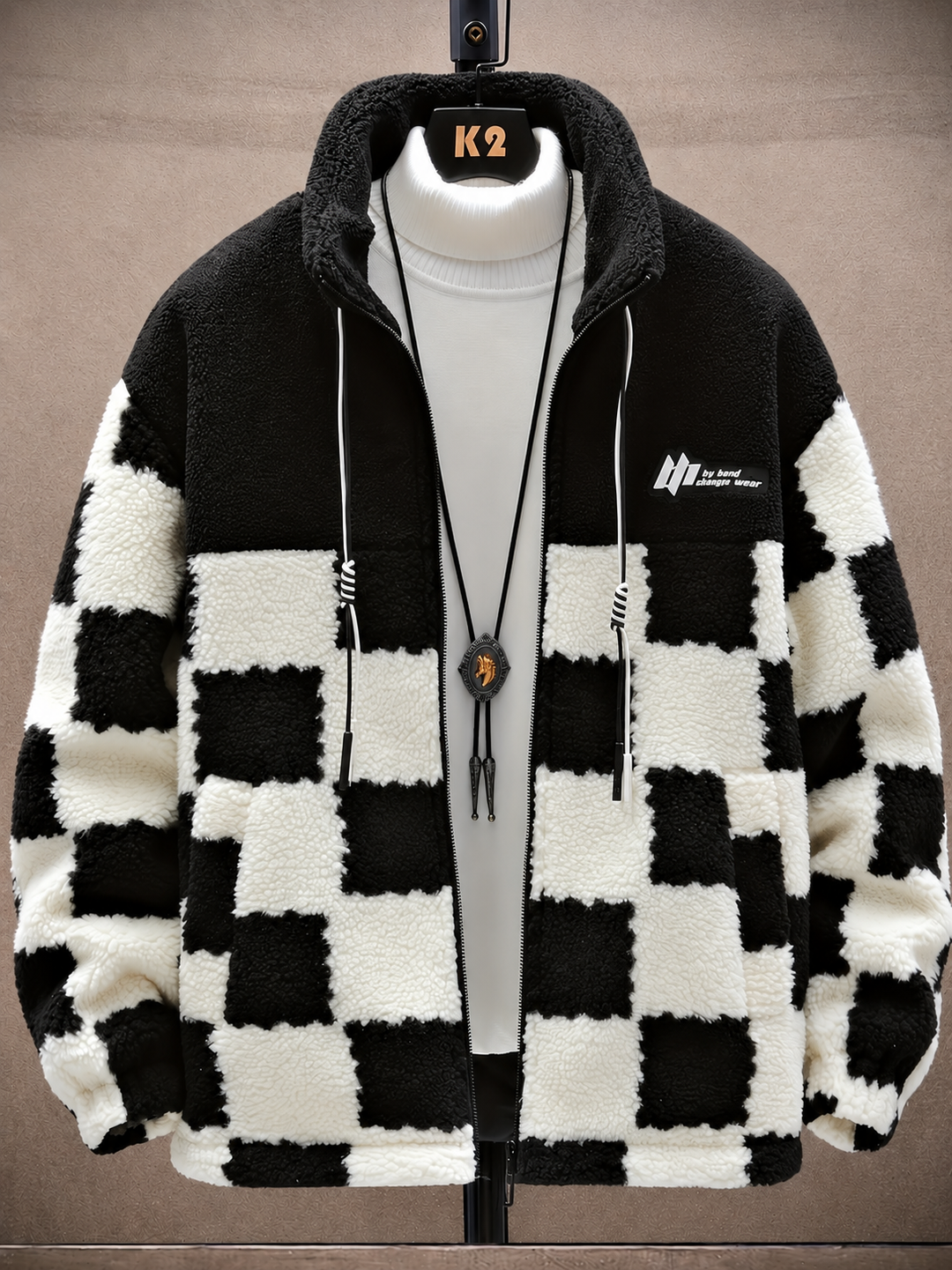 Melany - Hooded Zip Up Checkered Fleece Jacket