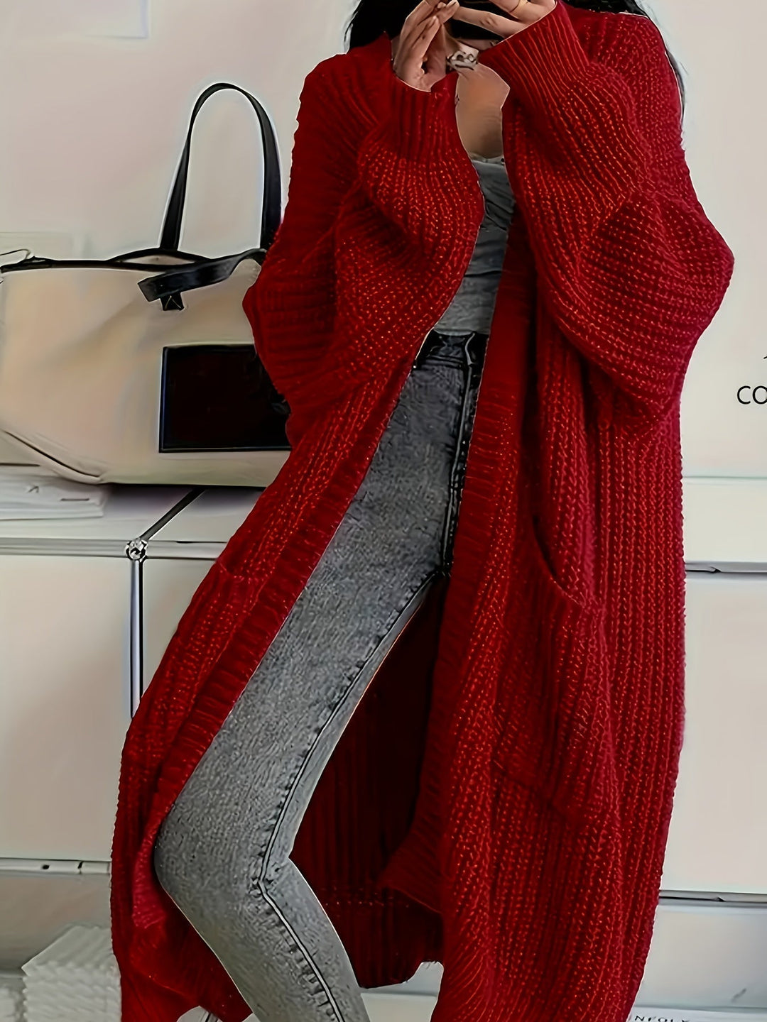 Ludivine - Cozy Open Front Long Knit Cardigan With Pocket