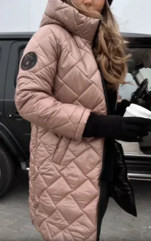 Yania - Long Hooded Zip-Up Quilted Coat
