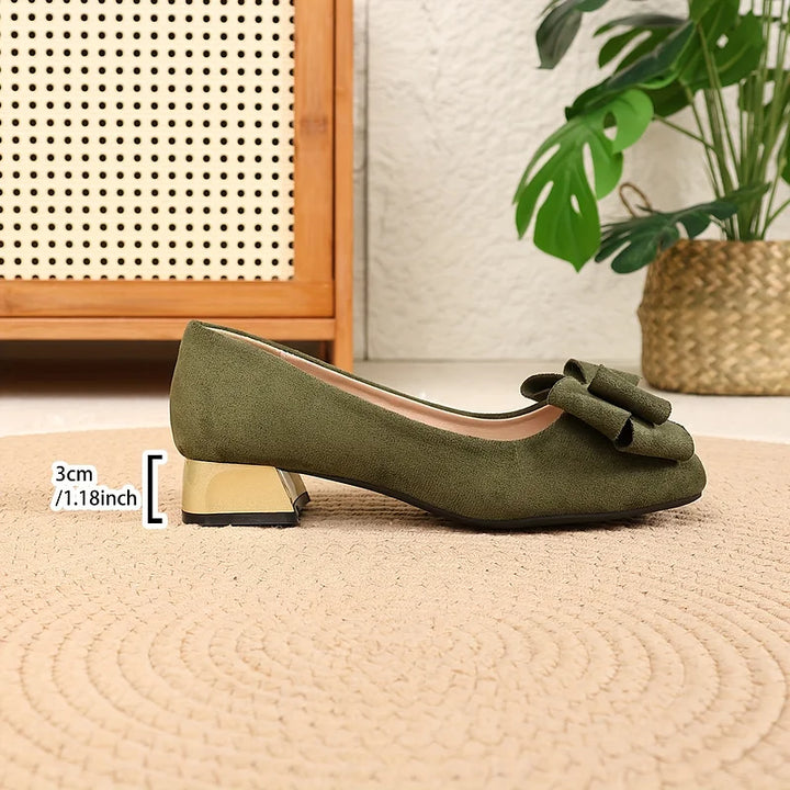 Silvie - Elegant Bow Low Block Heel Pumps
