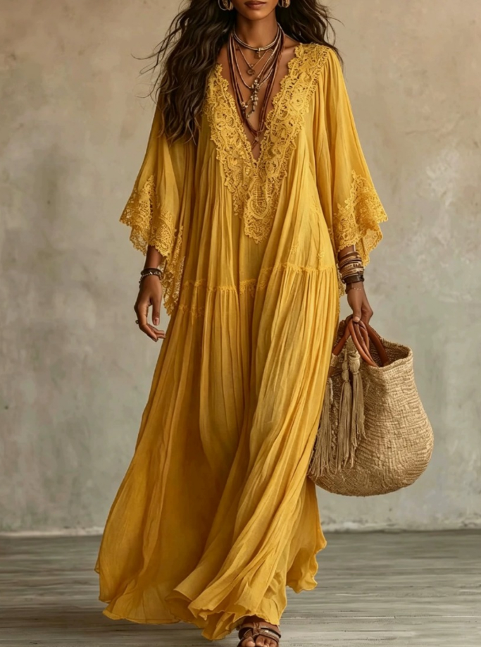 Ainura - Long Ivory Chiffon and Lace Dress