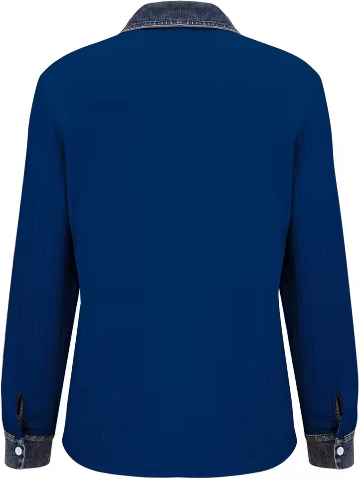 Eryna - Long Sleeve Cable Knit Shirt with Denim Collar