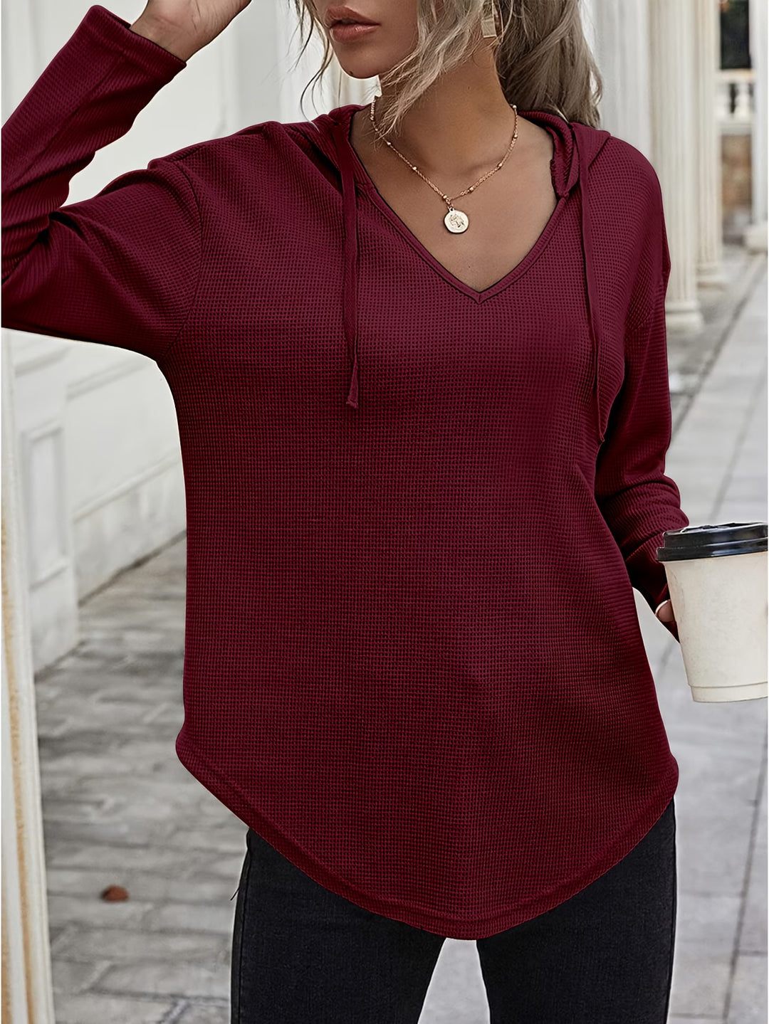 Seonie - Long Sleeve V Neck Hoodie