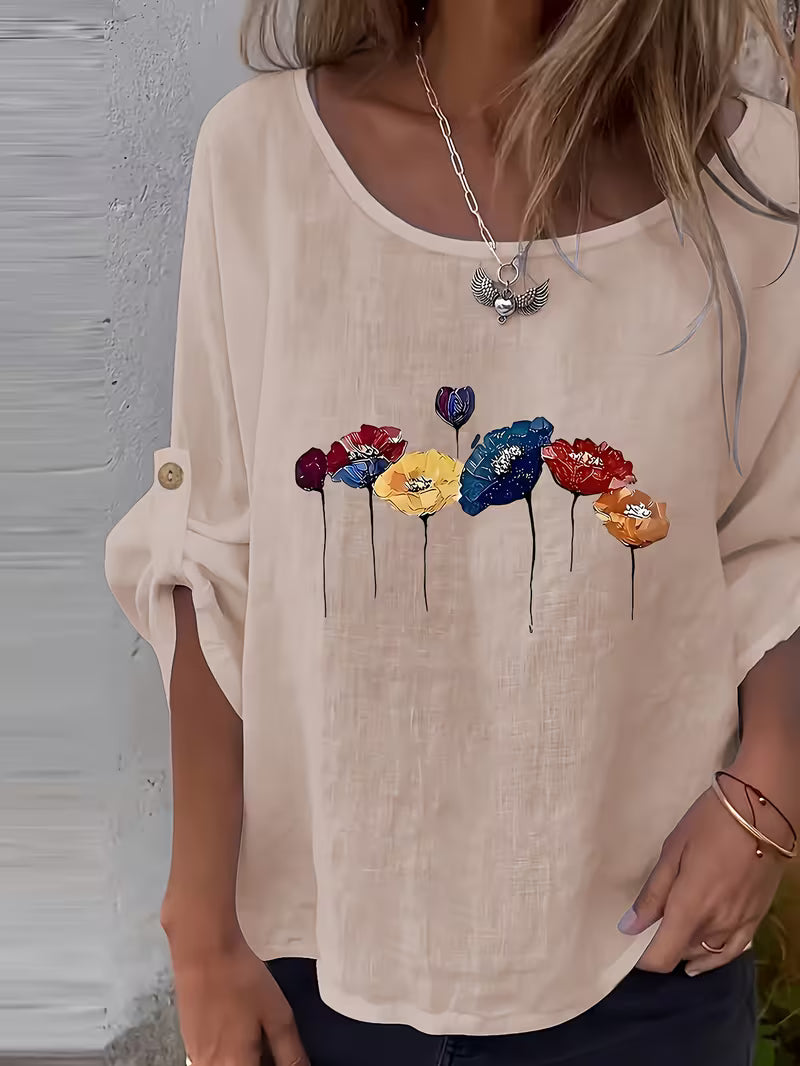 Sheril - Floral Print Roll-Tab Sleeve Loose Top