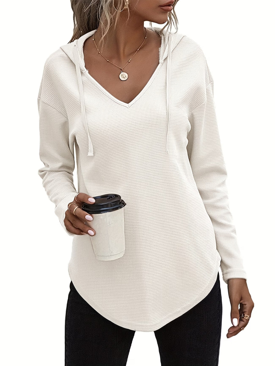 Seonie - Long Sleeve V Neck Hoodie