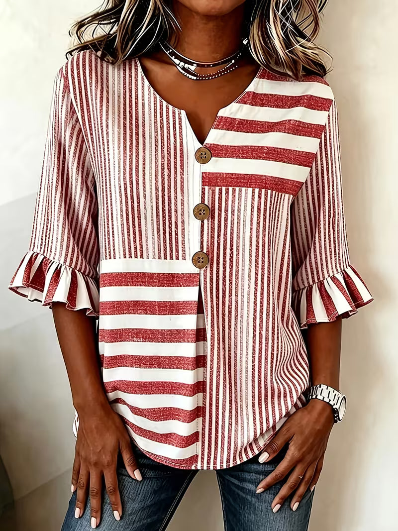 Avyra - Striped Patchwork Ruffle Sleeve Button Top