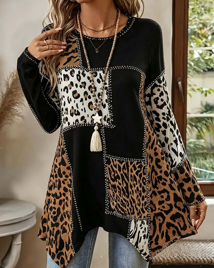 Niriza - Irregular Patchwork Leopard Print Blouse