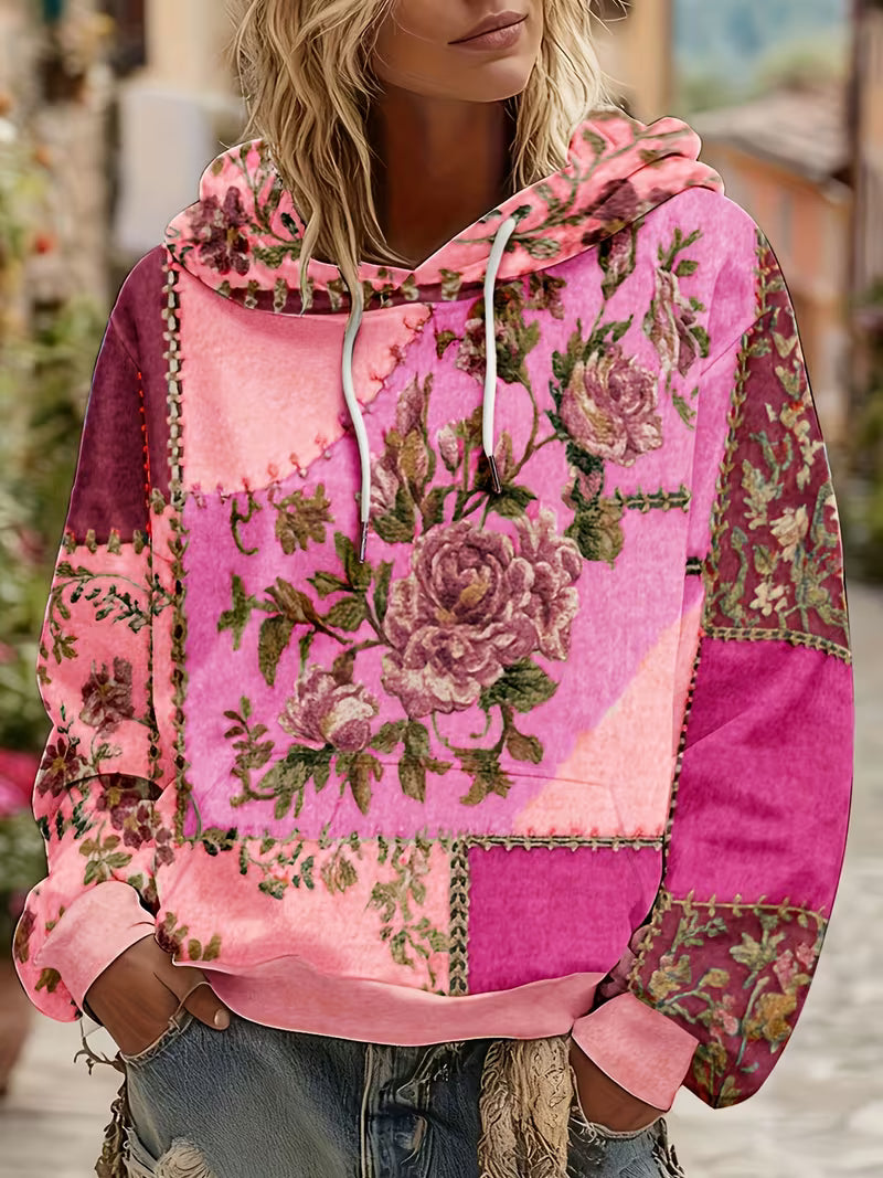 Norella - Floral Patchwork Long Sleeve Hooded Top