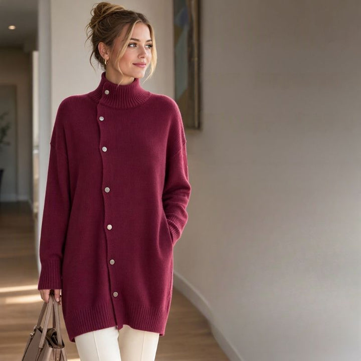 Hiroko - Longline Knit Sweater With Turtleneck and Buttons
