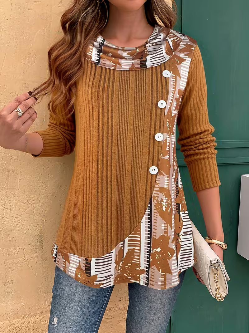 Lucynda - Ribbed Long Sleeve Printed Button Detail Top